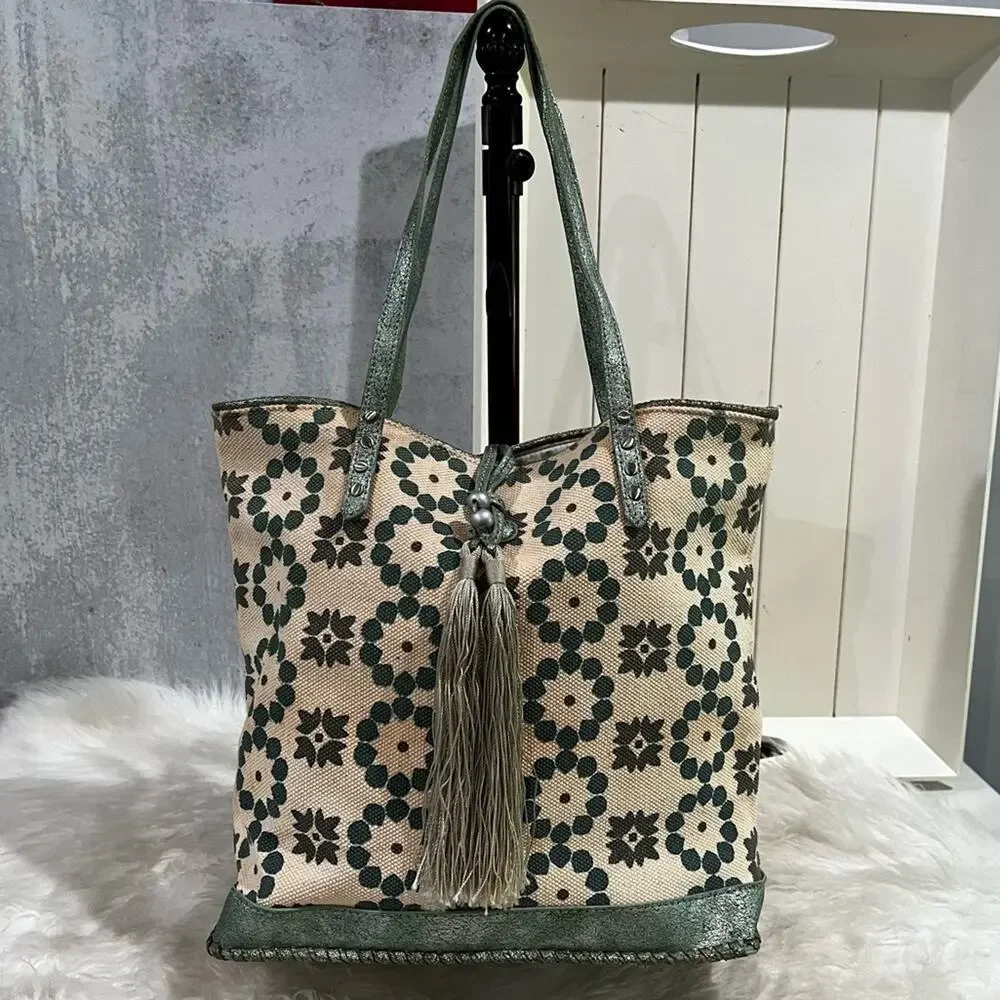 NEW Moroccan Boho Canvas Vegan Leather Whipstitched Sage Tan Tote Shoulder Bag